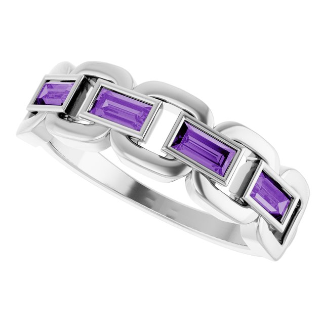 Straight Baguette Lab-Grown Purple Sapphire Accented Ring in Platinum
