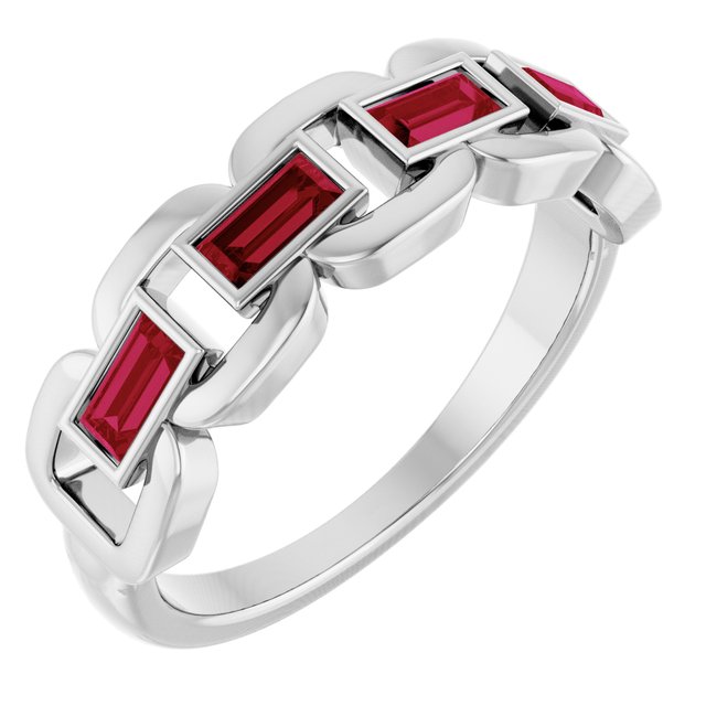 Straight Baguette Lab-Grown Ruby Accented Ring in Platinum