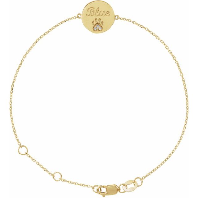 Round Natural White Sapphire Engravable Paw Print Bracelet In Gold & Platinum