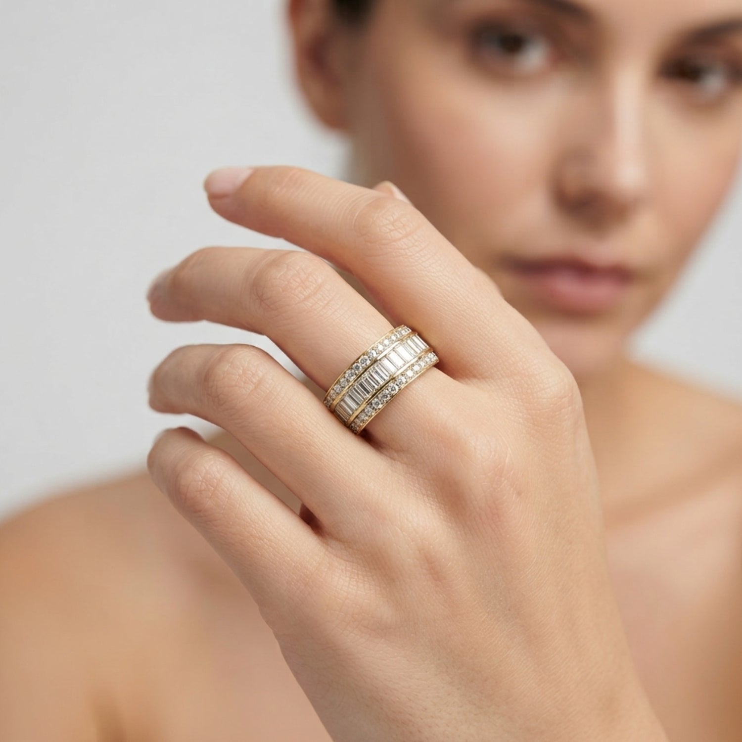 Baguette and Round Cut Triple Row Half Eternity Diamond Band