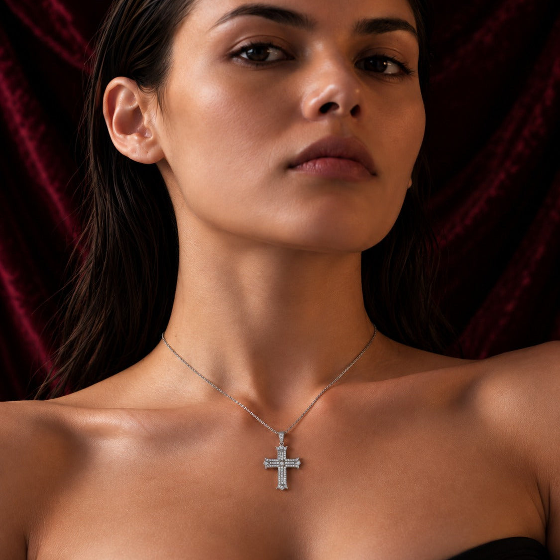 Art Deco Diamond Cross Pendant Necklace | Baguette & Round Cut Diamonds