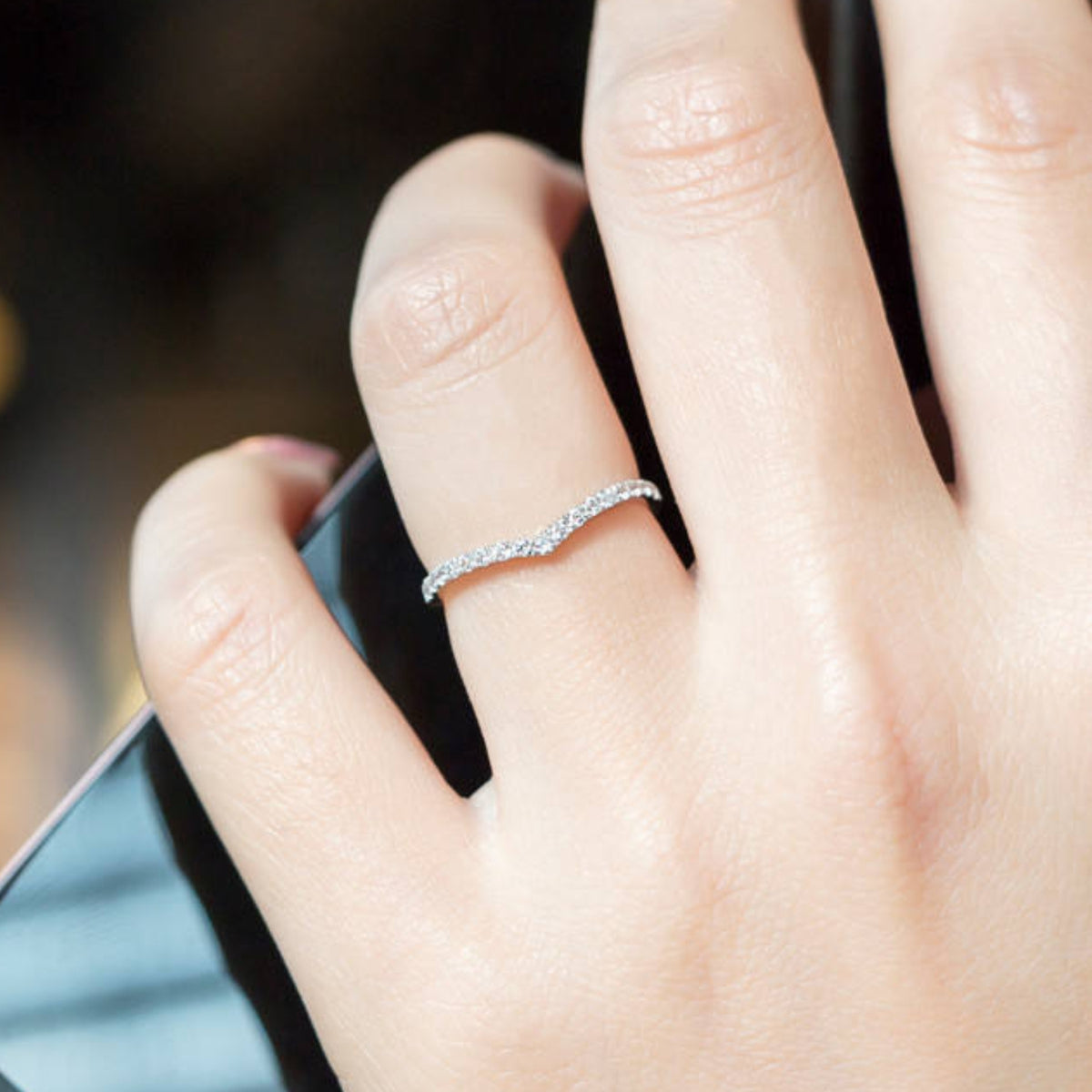 Natural diamond curved wedding band, 0.30 ct diamond wave ring