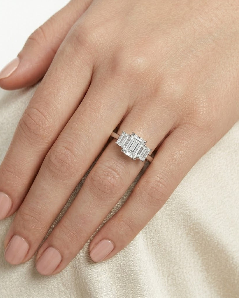 3 Stone Emerald Cut Lab Diamond Ring 0.50ct in 925 Silver