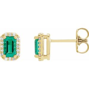 Emerald & Diamond Halo Stud Earrings in Gold and Platinum