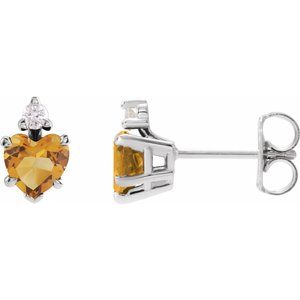 Citrine & Diamond Heart Stud Earrings in Gold and Platinum