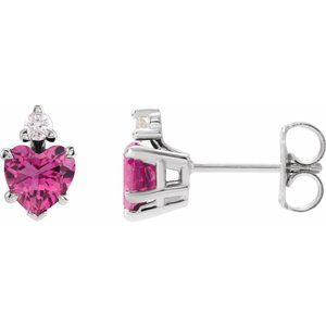 Pink Tourmaline & Diamond Heart Stud Earrings in Gold and Platinum