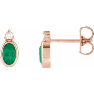 Emerald & Diamond Oval Bezel-Set Stud Earrings in Gold and Platinum