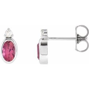 Pink Tourmaline & Diamond Oval Bezel-Set Stud Earrings in Gold and Platinum