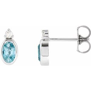 Blue Zircon & Diamond Oval Bezel-Set Stud Earrings in Gold and Platinum