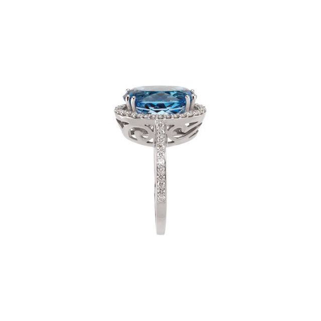 Oval Swiss Blue Topaz Halo Ring with Diamond Accents in White Gold
