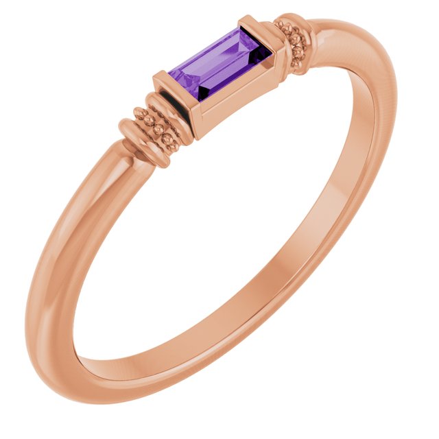 Straight Baguette Lab-Grown Purple Sapphire Ring in Rose Gold