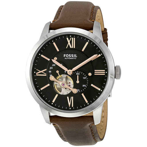 Fossil Townsman Herren-Uhr, mechanisch – Schwarzes Zifferblatt, braunes Lederarmband