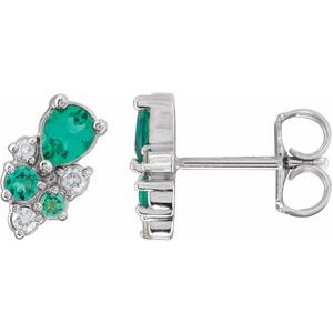 Emerald & Diamond Pear Cluster Stud Earrings in Gold and Platinum