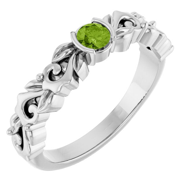 Round Peridot Symbols Ring in Gold and Platinum
