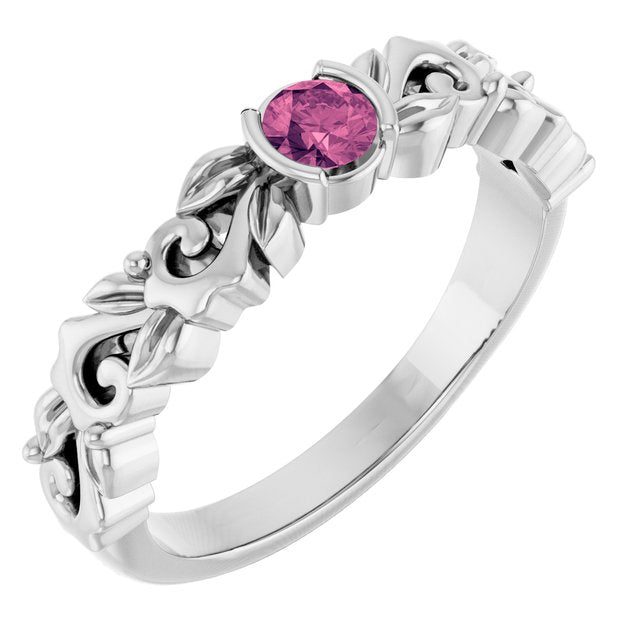 Round Pink Tourmaline Symbols Ring in Gold and Platinum