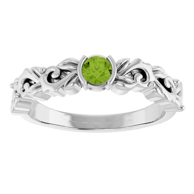 Round Peridot Symbols Ring in Gold and Platinum