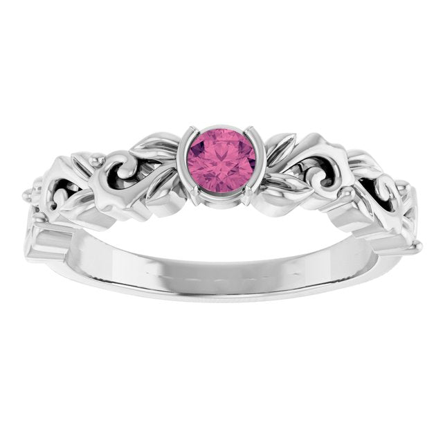 Round Pink Tourmaline Symbols Ring in Gold and Platinum