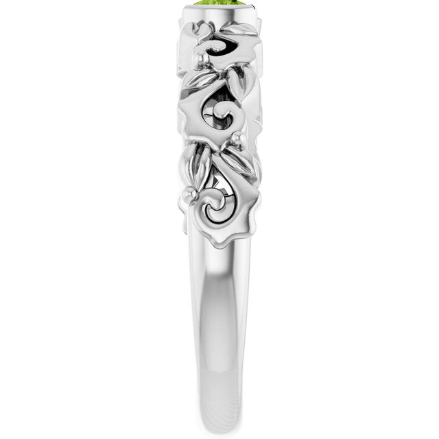 Round Peridot Symbols Ring in Gold and Platinum