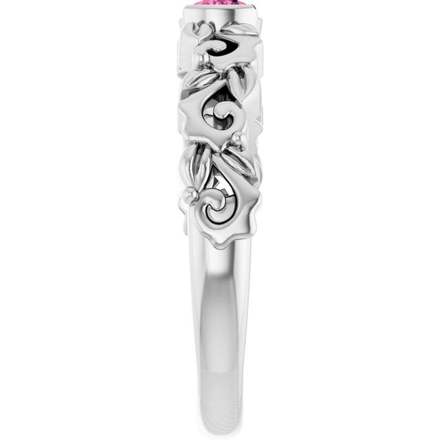 Round Pink Tourmaline Symbols Ring in Gold and Platinum