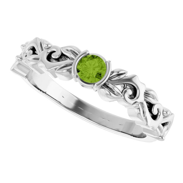 Round Peridot Symbols Ring in Gold and Platinum