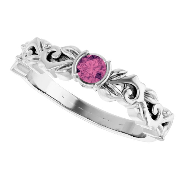 Round Pink Tourmaline Symbols Ring in Gold and Platinum