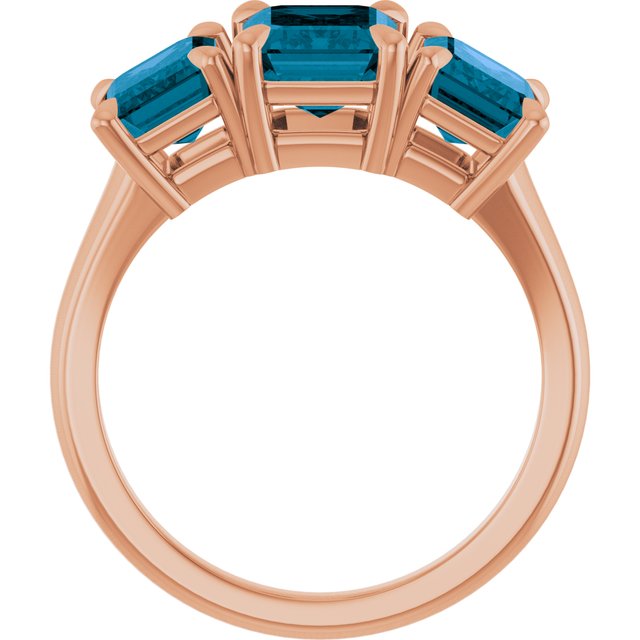 Emerald London Blue Topaz Three Stone Ring in Gold and Platinum
