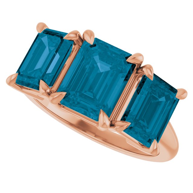 Emerald London Blue Topaz Three Stone Ring in Gold and Platinum