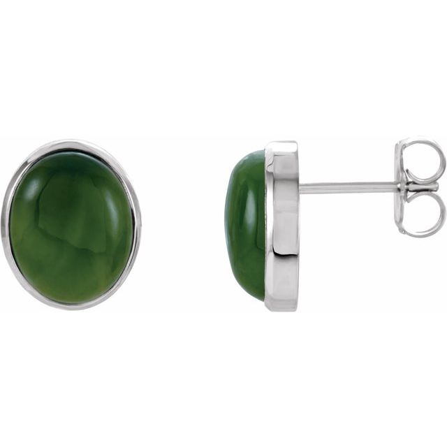 Nephrite Jade Oval Solitaire Stud Earrings in Gold and Platinum