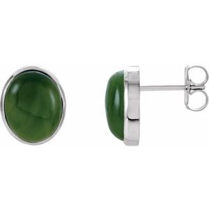 Nephrite Jade Oval Solitaire Stud Earrings in Gold and Platinum