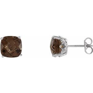 Smoky Quartz Cushion Stud Earrings in Gold and Platinum