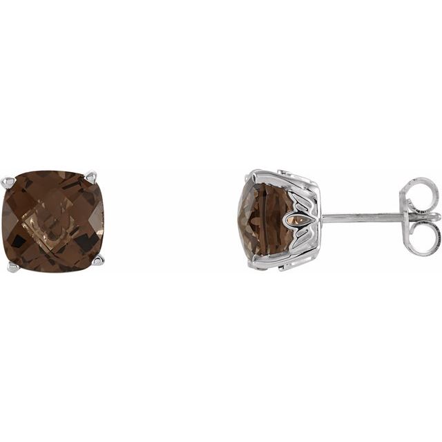 Smoky Quartz Cushion Stud Earrings in Gold and Platinum