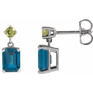 London Blue Topaz Emerald Stud Earrings in Gold and Platinum