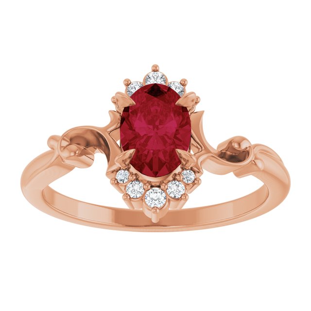 Oval Lab-Grown Ruby Accented Ring with Diamond Accents in Gold