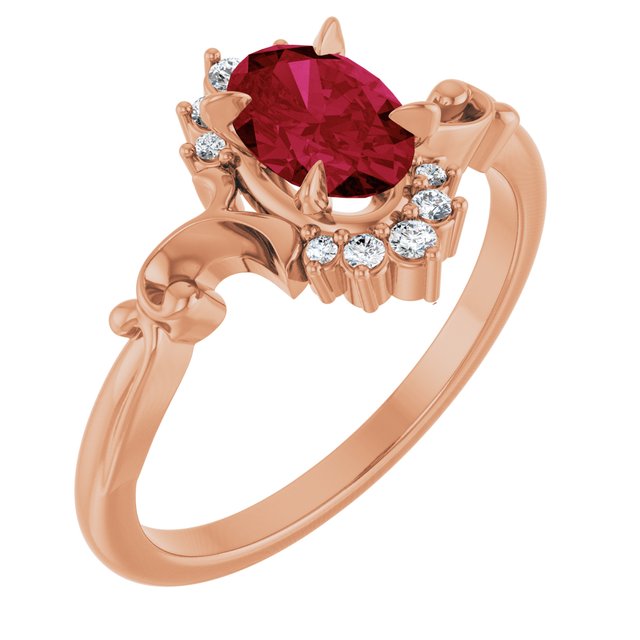 Oval Lab-Grown Ruby Accented Ring with Diamond Accents in Gold