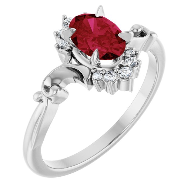 Oval Lab-Grown Ruby Accented Ring with Diamond Accents in Platinum