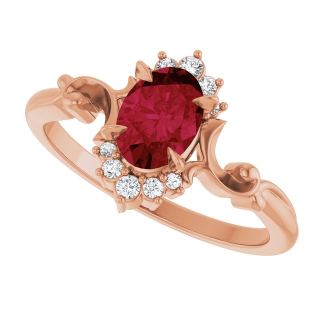 Oval Lab-Grown Ruby Accented Ring with Diamond Accents in Gold