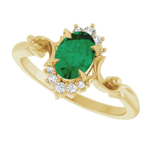 Oval Lab-Grown Emerald & Diamond Accented Ring in Yellow Gold