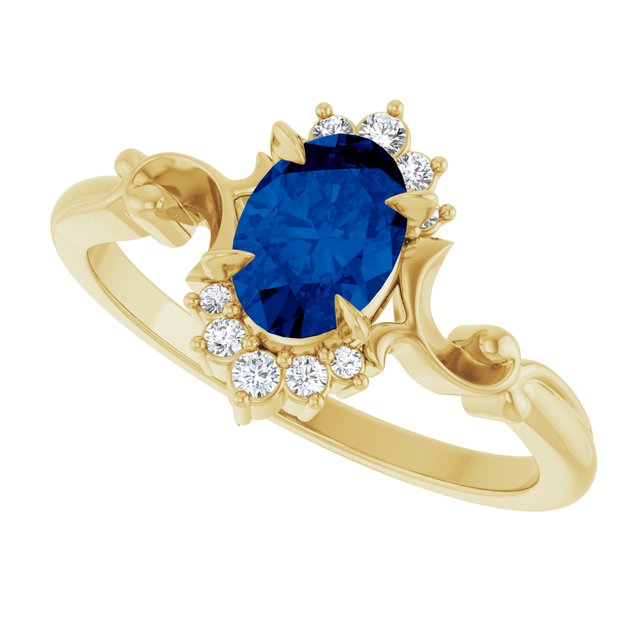 Oval Lab-Grown Blue Sapphire & Diamond Ring in Yellow Gold