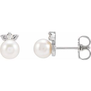 Pearl & Diamond Floral Stud Earrings in Gold and Platinum