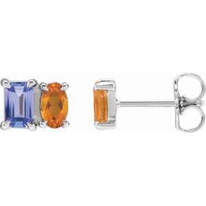 Tanzanite Emerald Two-Stone Stud Earrings in Gold and Platinum