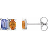 Tanzanite Emerald Two-Stone Stud Earrings in Gold and Platinum