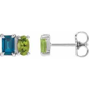 London Blue Topaz Emerald Two-Stone Stud Earrings in Gold and Platinum