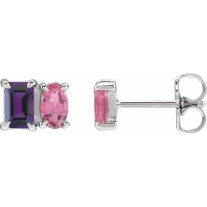Amethyst Emerald Two-Stone Stud Earrings in Gold and Platinum