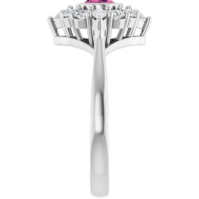 Oval Pink Tourmaline & Diamond Halo Ring in Gold and Platinum