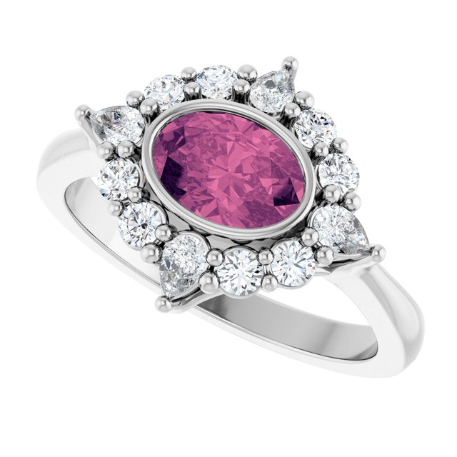 Oval Pink Tourmaline & Diamond Halo Ring in Gold and Platinum