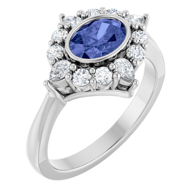 Oval Tanzanite Halo Ring with Diamond Accents in Platinum