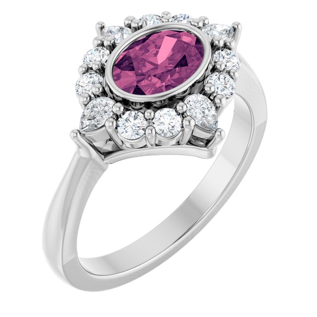 Oval Pink Tourmaline & Diamond Halo Ring in Gold and Platinum
