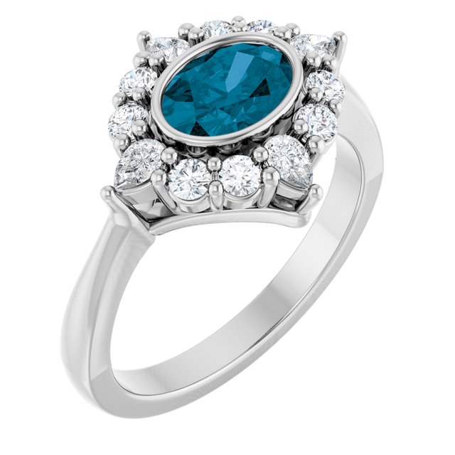 Oval London Blue Topaz Halo Ring with Diamond Accents in Gold