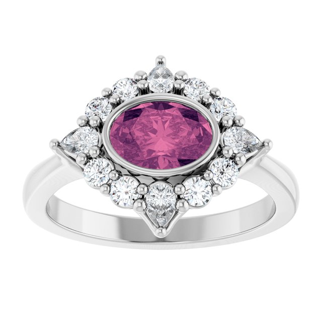 Oval Pink Tourmaline & Diamond Halo Ring in Gold and Platinum