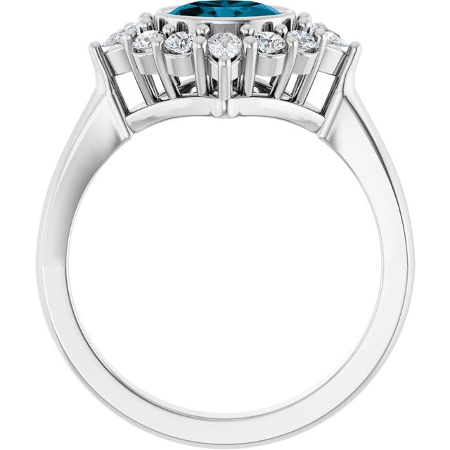 Oval London Blue Topaz & Diamond Halo Ring in Gold and Platinum